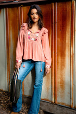 Soft Botanica Long Sleeve Embroidered Detail Blouse- Blush