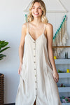 Honey Draped Spaghetti Strap Button Up Dress - Taupe