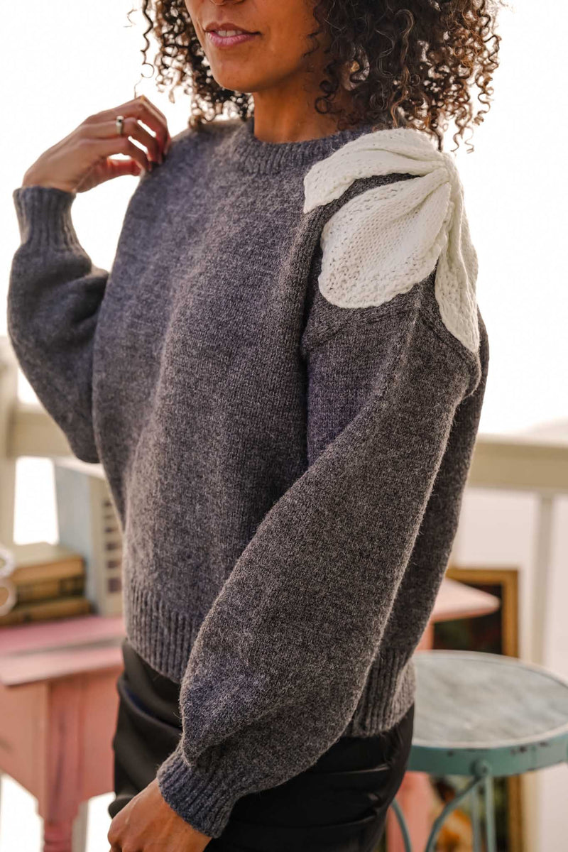 Favorite Things Crewneck Sweater W/ Bow Patch Shoulder- Charcoal