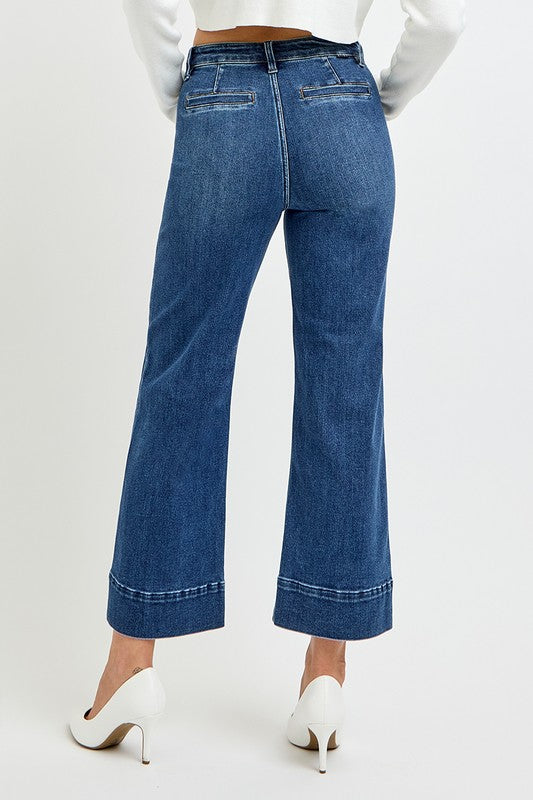 Risen Jeans High Waisted Wide Leg Denim Pants - Dark Wash