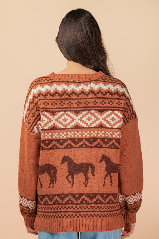 Copper Canyon Crew Neck Western Knit Sweater - Rust