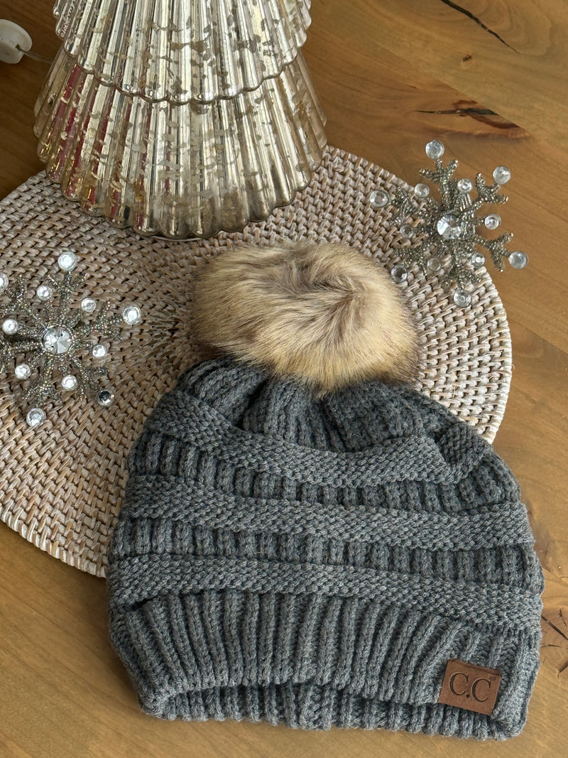 CC Pom Thick Cable Knit Beanie- Gray