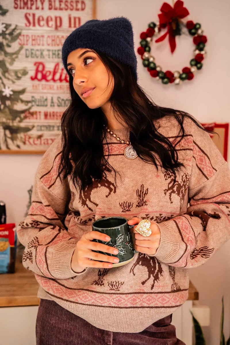 Desert Rose Crew Neck Western Print Knit Sweater - Brown