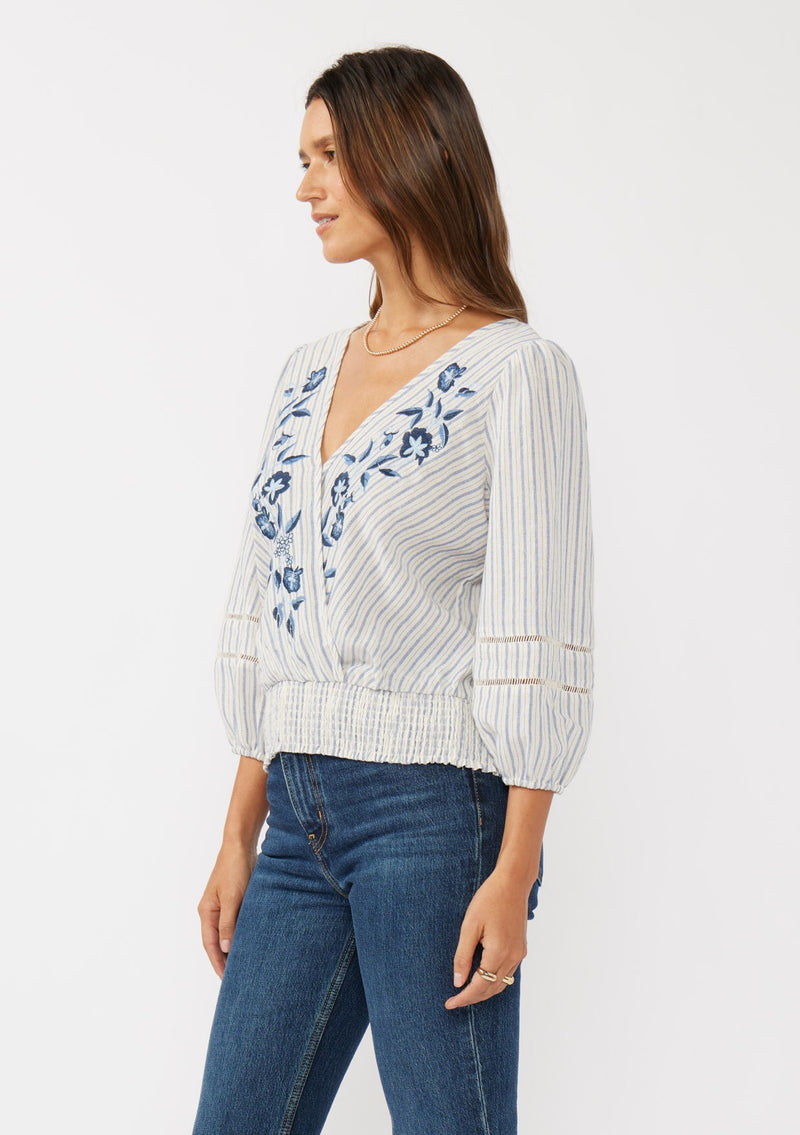 Bluebell Breeze Embroidered Floral Stripe Blouse- Navy/Natural
