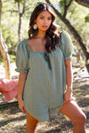 Soft Pine Puff Sleeve Gingham Romper- Sage