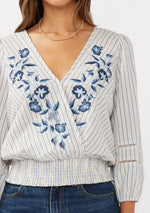 Bluebell Breeze Embroidered Floral Stripe Blouse- Navy/Natural