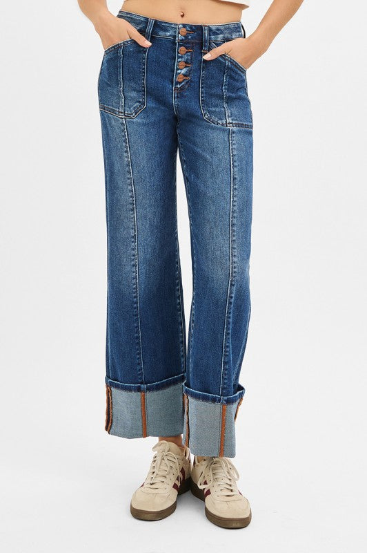 Risen High Rise Crop Wide Straight Cuffed Jeans- Dark