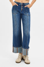 Risen High Rise Crop Wide Straight Cuffed Jeans- Dark