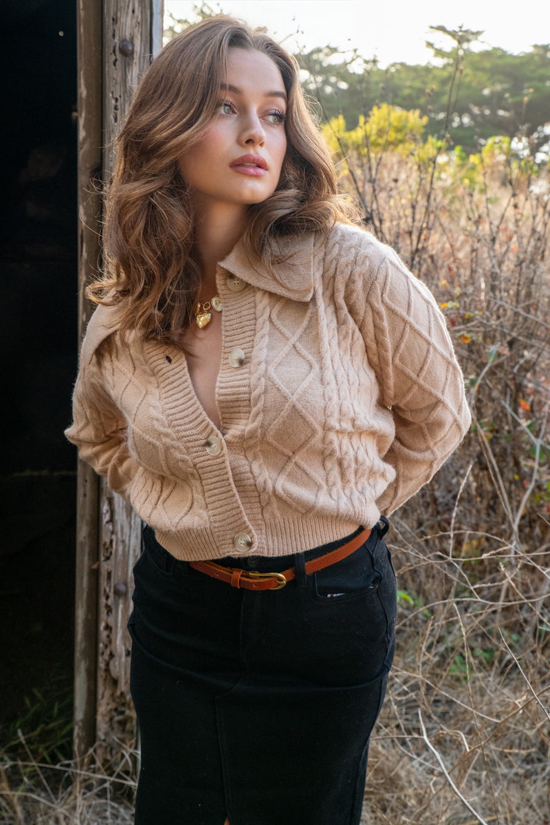 Have It All Cozy Cable Knit Cardigan Oversized Collar- Sand