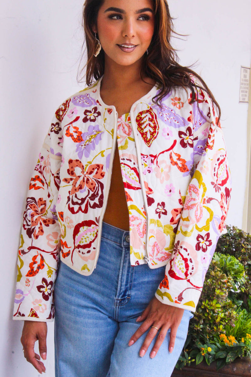 Bloom in Bliss Floral Print Quilted Zip Up Jacket - Ivory/Multi