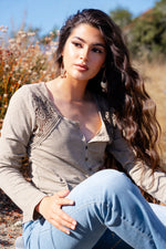 Rejuvenate Cotton Embroidered Detail Long Sleeve Blouse - Taupe