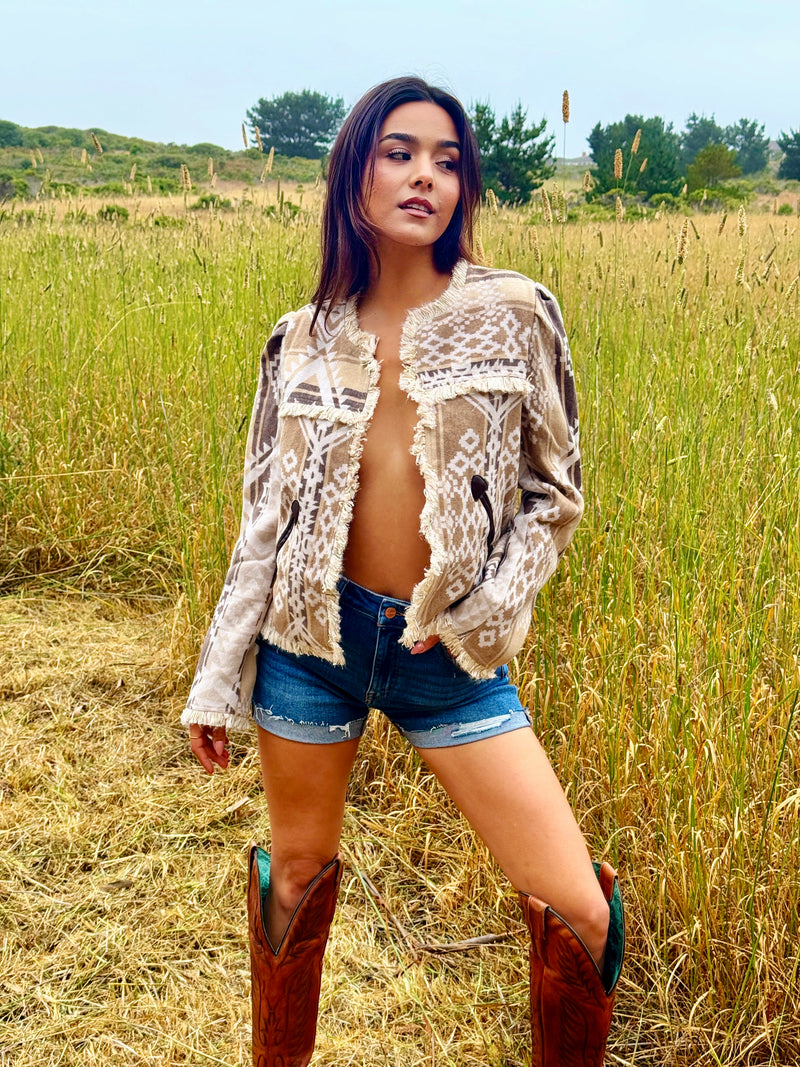 Country Road Tapestry Fray Jacket W/ Leather Pocket- Taupe