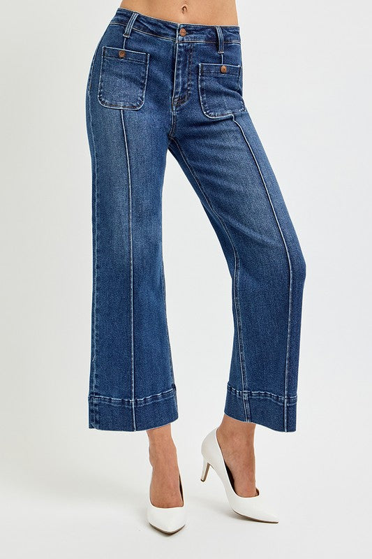 Risen Jeans High Waisted Wide Leg Denim Pants - Dark Wash