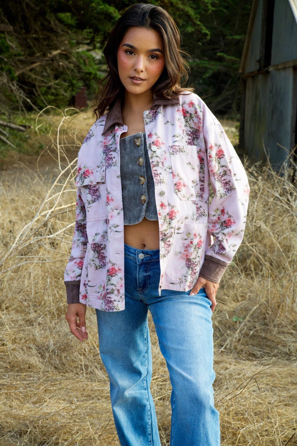 Wild Seed Specialty Floral Jacket W/ Velvety Cuffs + Collar- Chocolate Rose