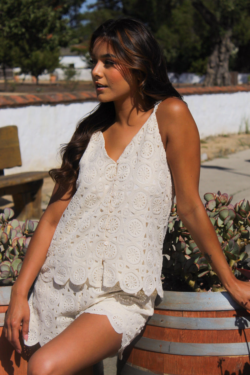 Azusa Lace Knit Cross Strap Top - Ivory