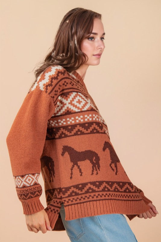 Copper Canyon Crew Neck Western Knit Sweater - Rust