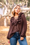 Flirt & Flutter Long Sleeve Frill Blouse - Chocolate