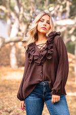 Flirt & Flutter Long Sleeve Frill Blouse - Chocolate