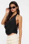 Afterdark Cowl Neck Open Back Halter Top- Black