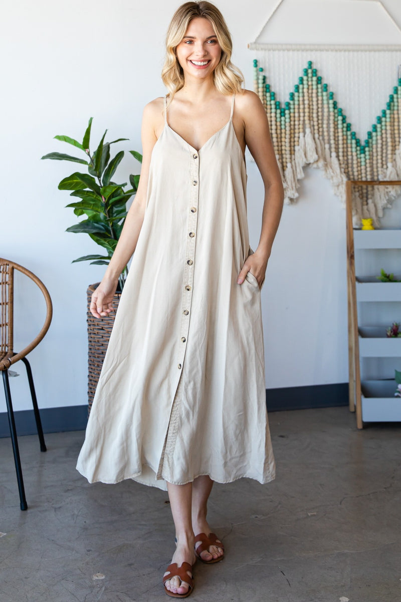 Honey Draped Spaghetti Strap Button Up Dress - Taupe