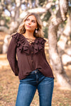 Flirt & Flutter Long Sleeve Frill Blouse - Chocolate