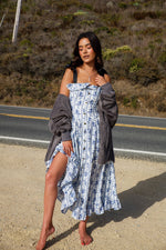 Lighthouse Floral Stripe Ruffle Detail Button Down Maxi Dress- Blue