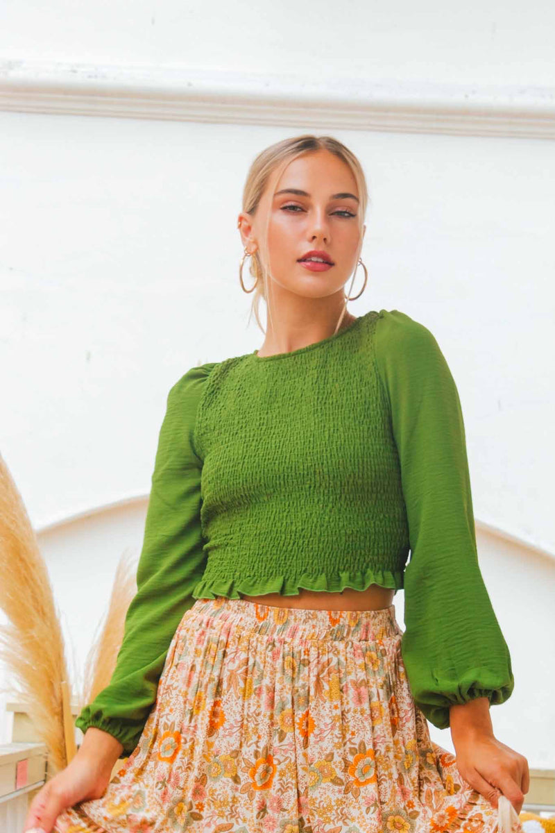 Autumnal Dream Smocked Long Sleeve Backless Top - Green