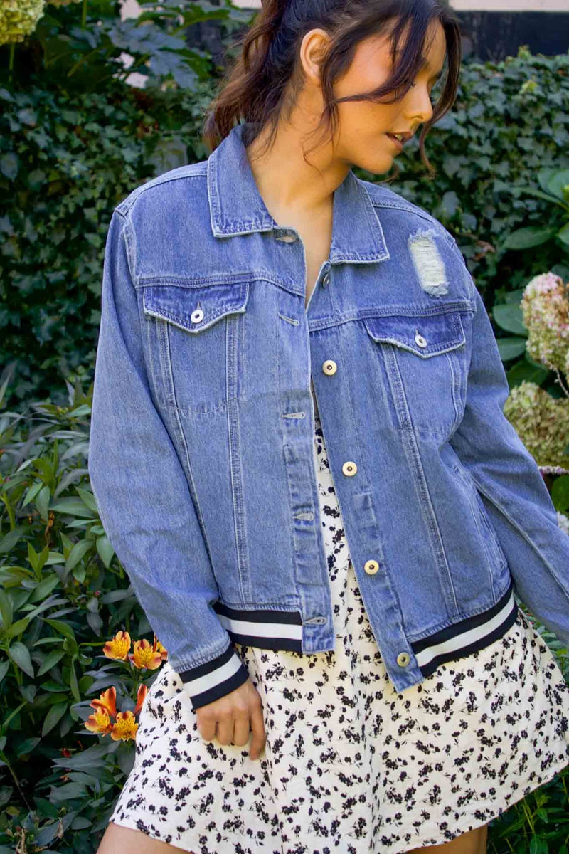 Sporty Spice Denim Jacket with Stripe Band- Denim