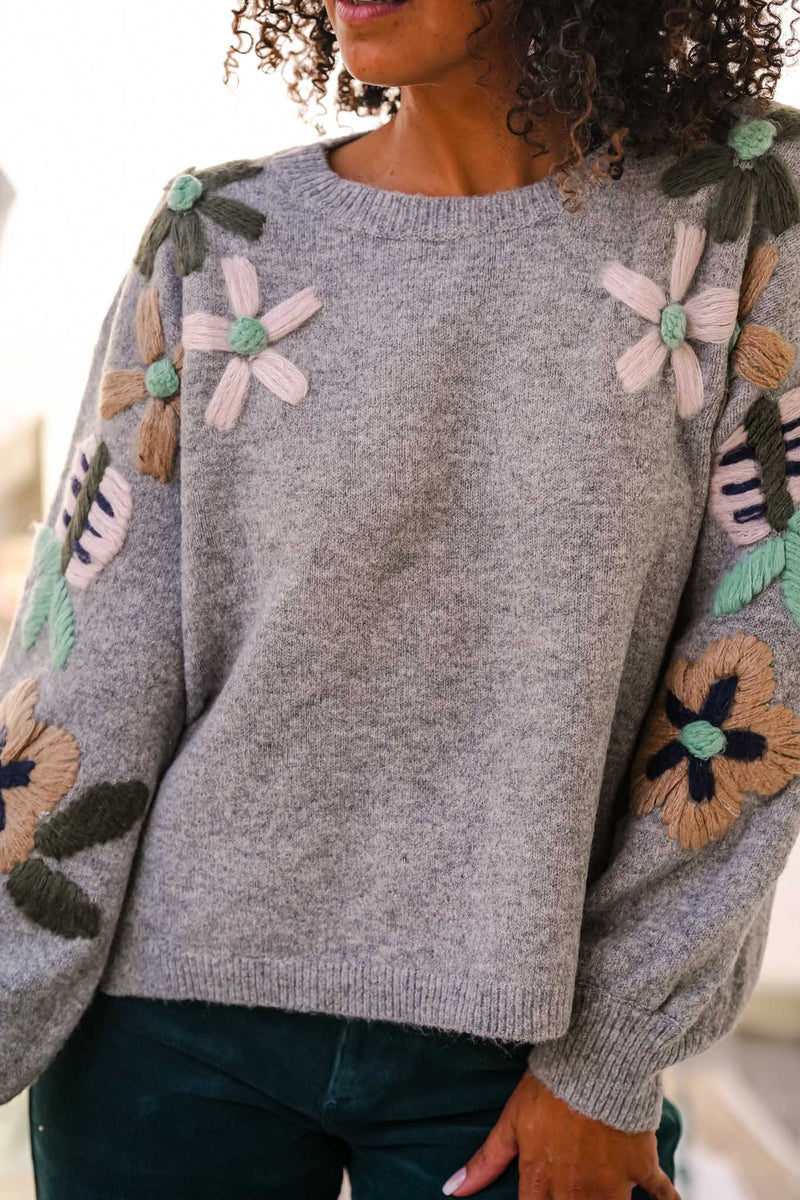 Winter Blooms Pullover Floral Embroidered Sweater- Gray