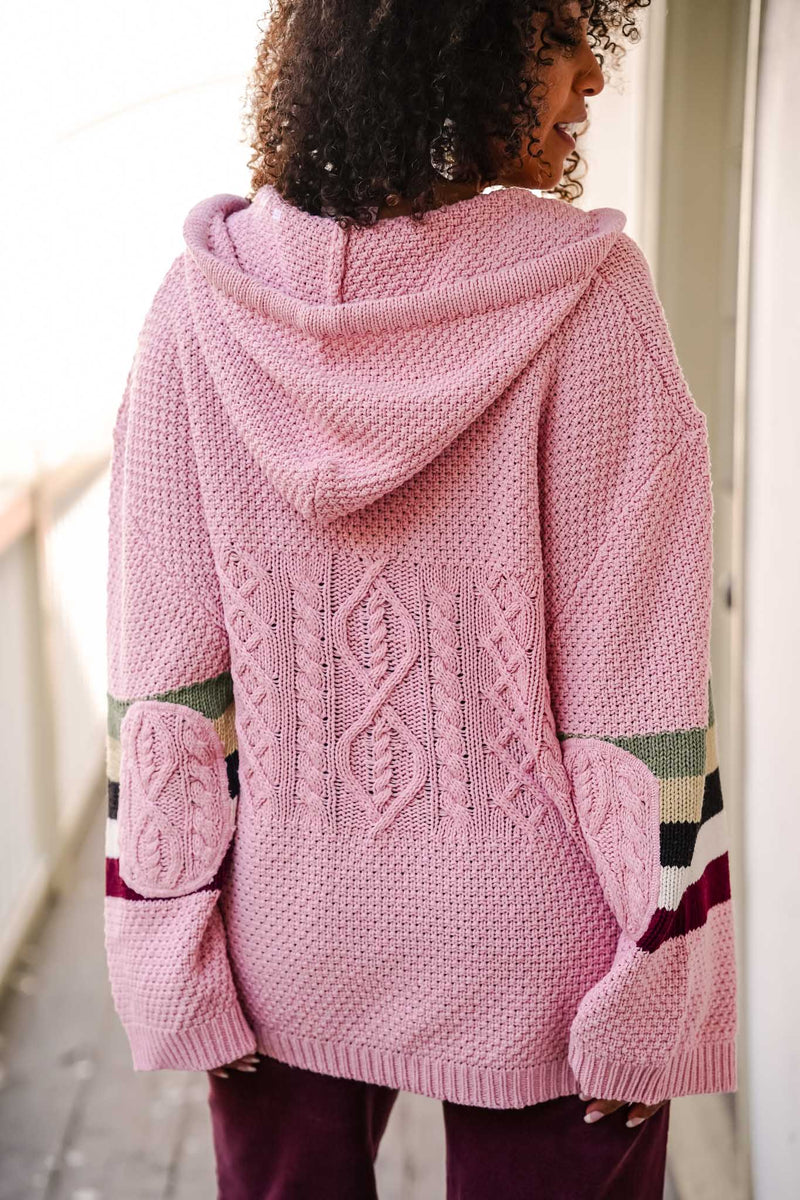 Toasty Cozy Knit Hooded Sweater W/ Stripe Detail- Pink/Multi