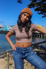 Toffee Twist Round Neck Stripe Crop Top- Mocha/White
