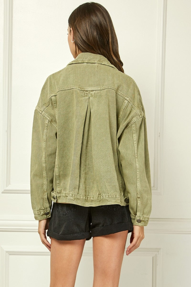 Meadow Muse Distressed Denim Jacket - Olive