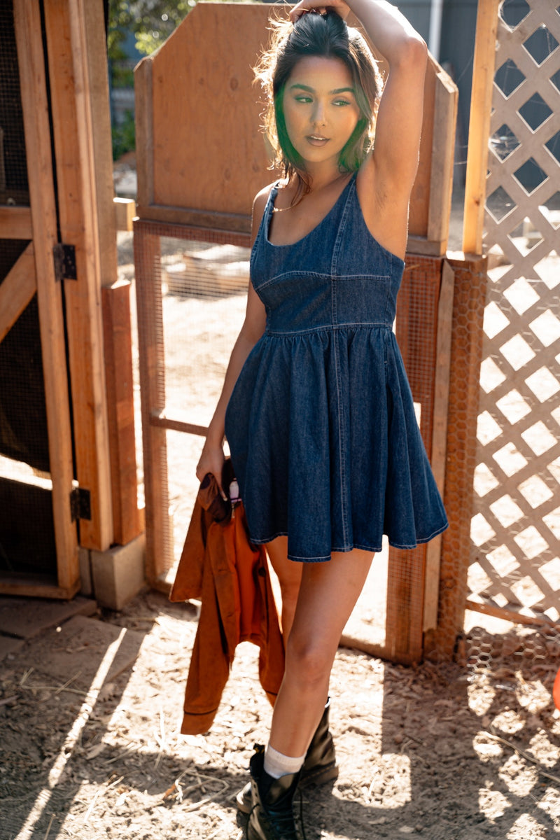 Daybreak Spaghetti Strap Denim Mini Dress - Dark Wash