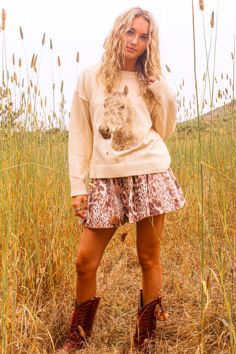 Honey Hoof Embroidered Equestrian Sweater- Gold/Ivory