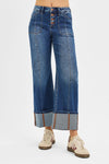 Risen High Rise Crop Wide Straight Cuffed Jeans- Dark