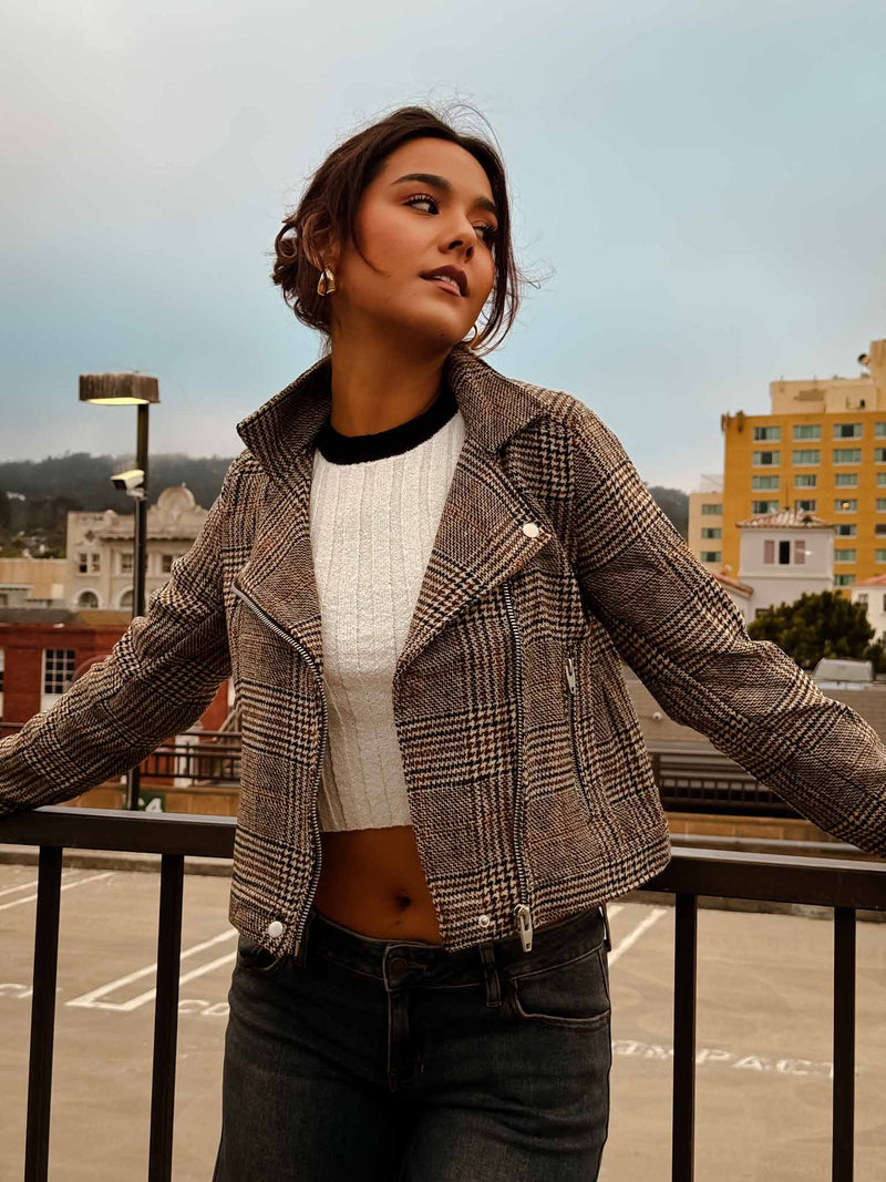 City Living Houndstooth Moto Jacket- Camel/Black