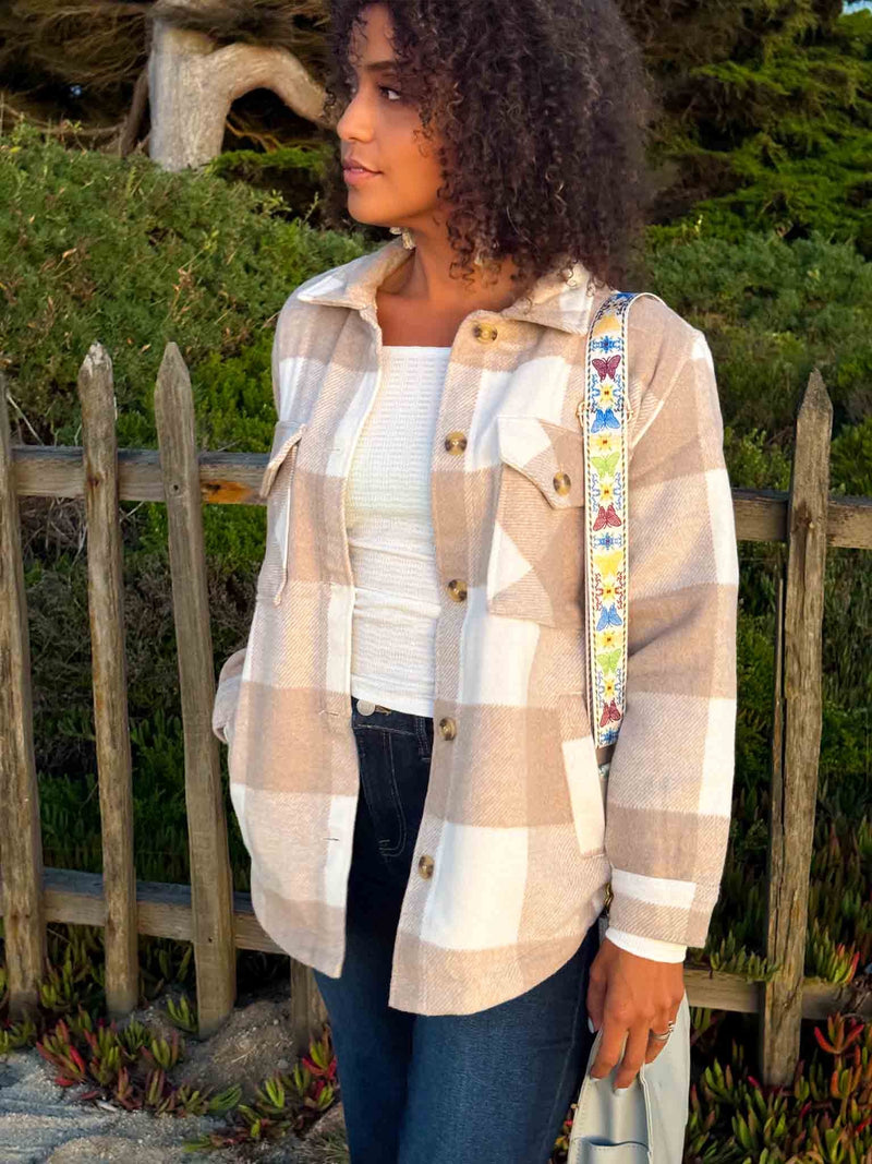 Whispering Willows Plaid Button Up Coat - Tan/Ivory