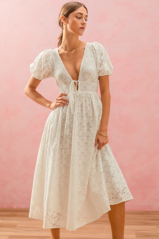 Lace Reverie V-Neck Puff Sleeve Lace Dress