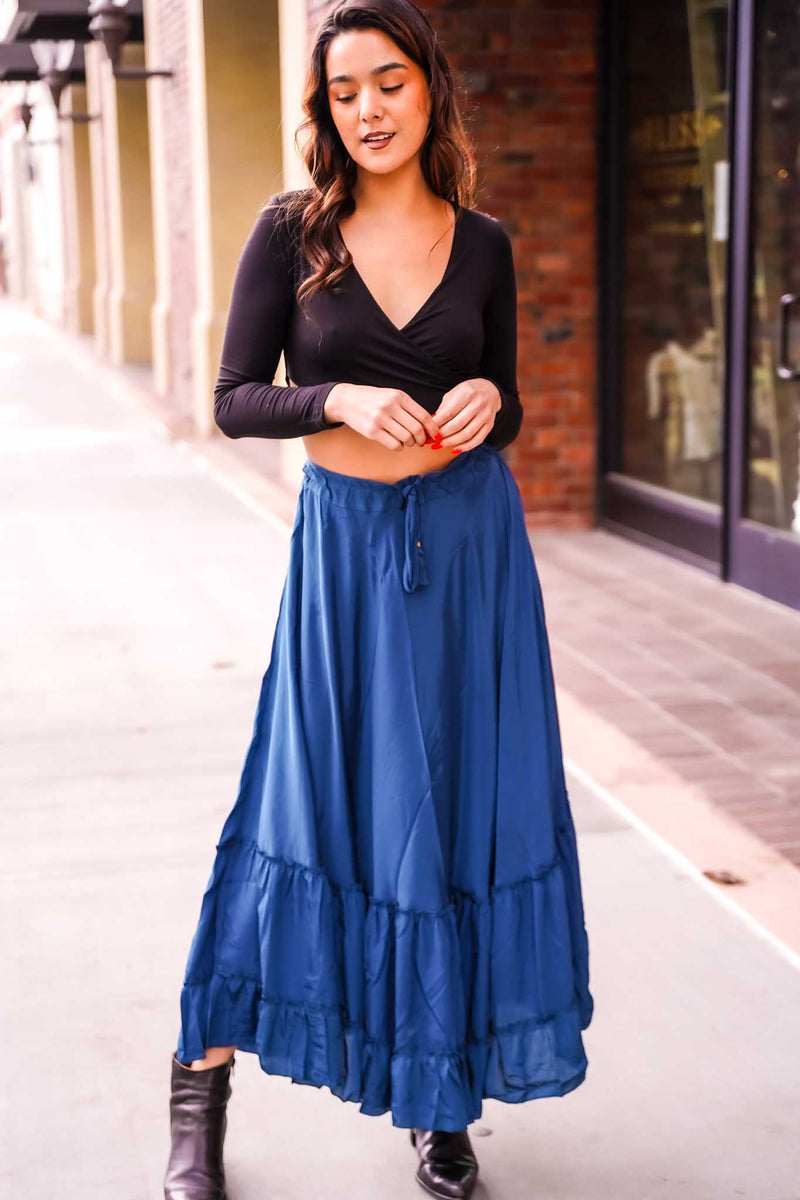 Karma Highway Flowy Satin Tiered Skirt - Midnight