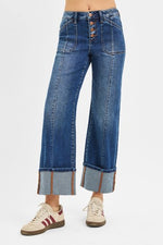 Risen High Rise Crop Wide Straight Cuffed Jeans- Dark
