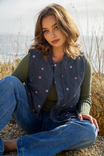 Delicate Daisies Corduroy Vest/Embroiderd Floral- Teal