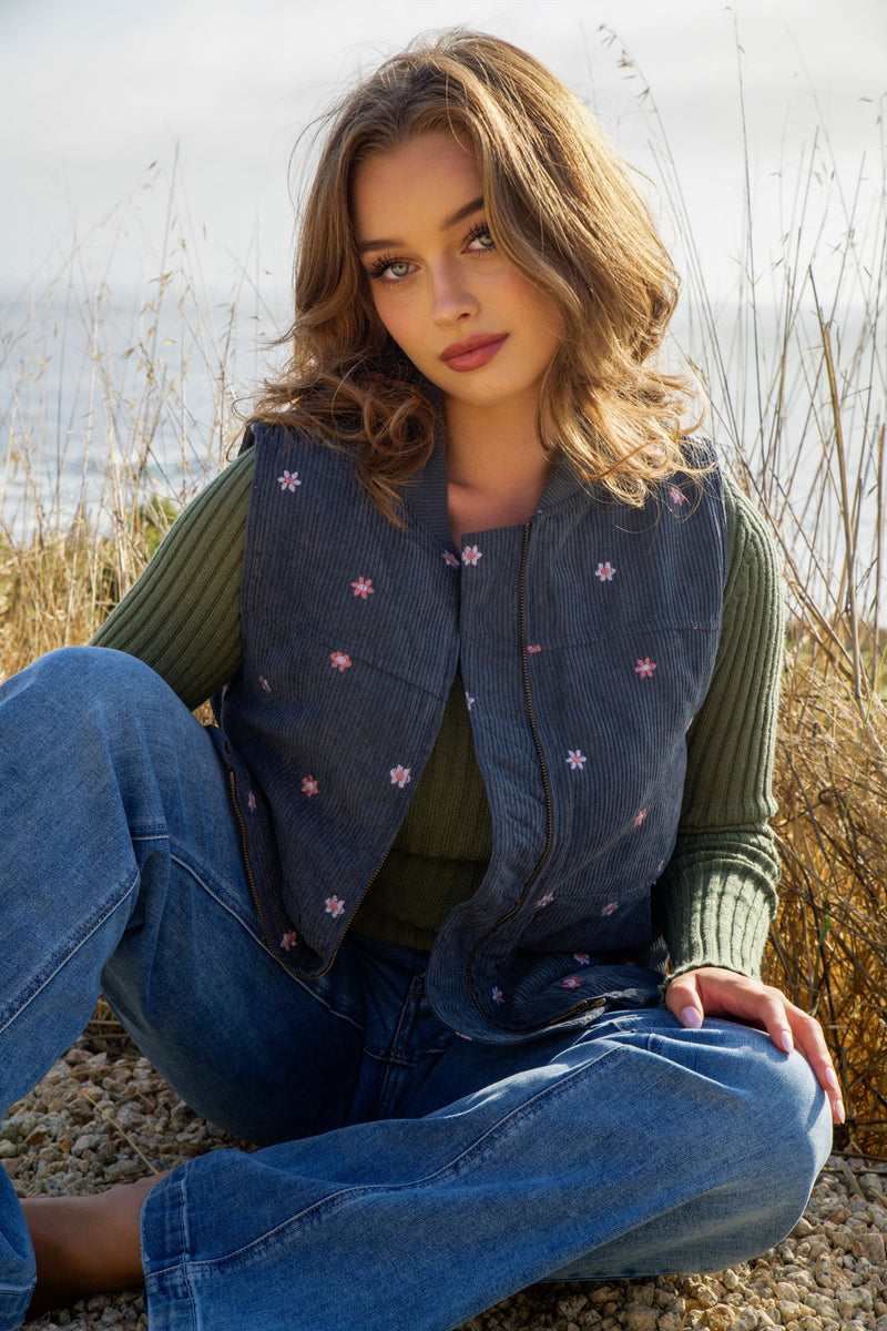 Delicate Daisies Corduroy Vest/Embroiderd Floral- Teal