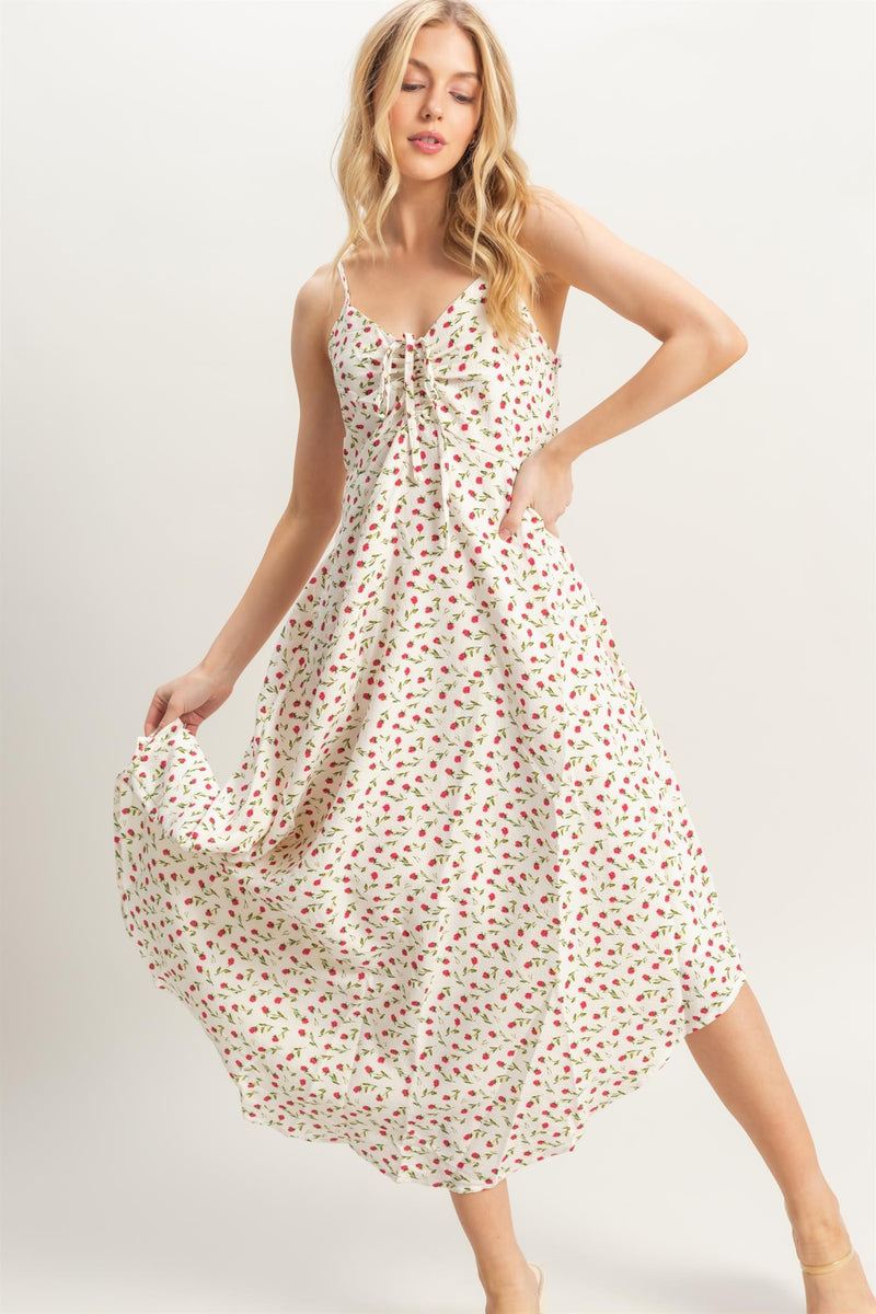 East of Eden Front Bodice Tie Spaghetti Strap Floral Dress - Ivory/Multi