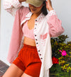 Strawberry Shortcake Waffle Knit + Striped Contrast Button Up- Cream/Cherry