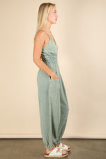 Coastal Cruising Spaghetti Strap V-Neck Muslin Jumpsuit- Sage