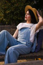 Busy Bee Wide Leg Flair Denim Overalls - Light Wash