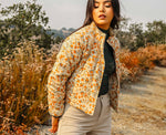 Merry Marigolds Floral Corduroy Puffer Jacket - Cream/Orange
