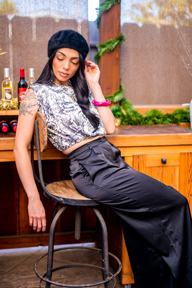 Bisou Bisou Toile Top Satin Pant Set- Black/White