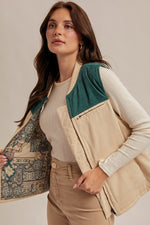 Going Places Color Block Corduroy Vest/Patterned Contrast-Jade/Ecru