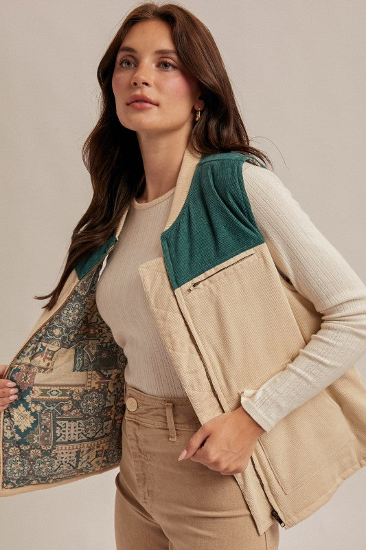 Going Places Color Block Corduroy Vest/Patterned Contrast-Jade/Ecru